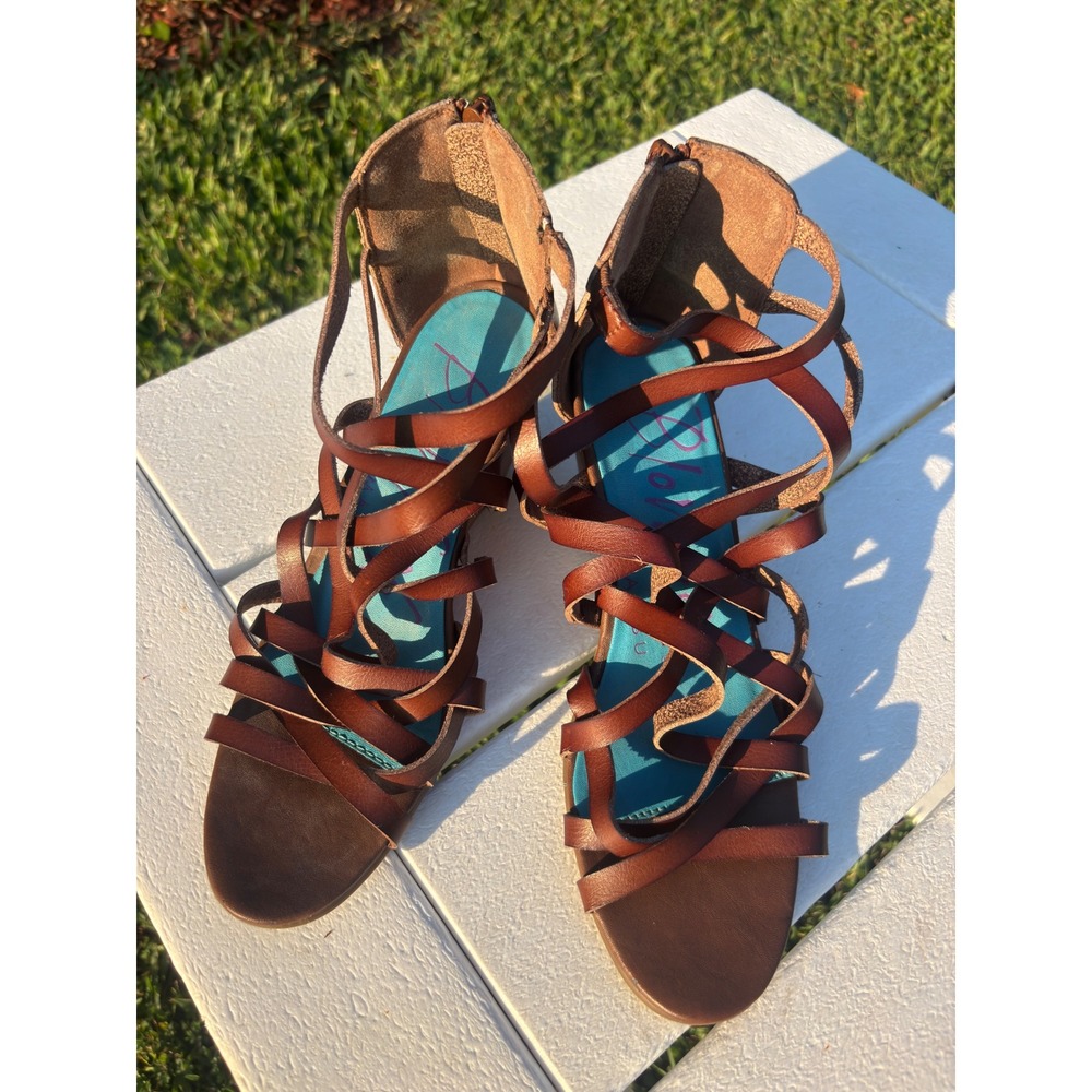 Blowfish Malibu Brown Strappy Gladiator Wedge Sandals Teal Insole Rear Zip